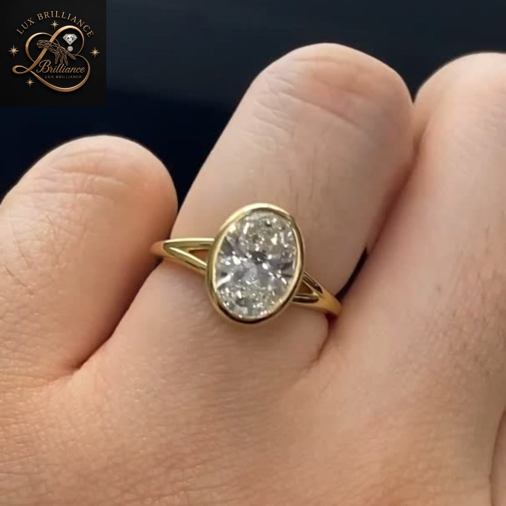 Bezel Set Oval Diamond Engagement Ring | Split Shank Yellow Gold Ring | Anniversary Ring For Gift