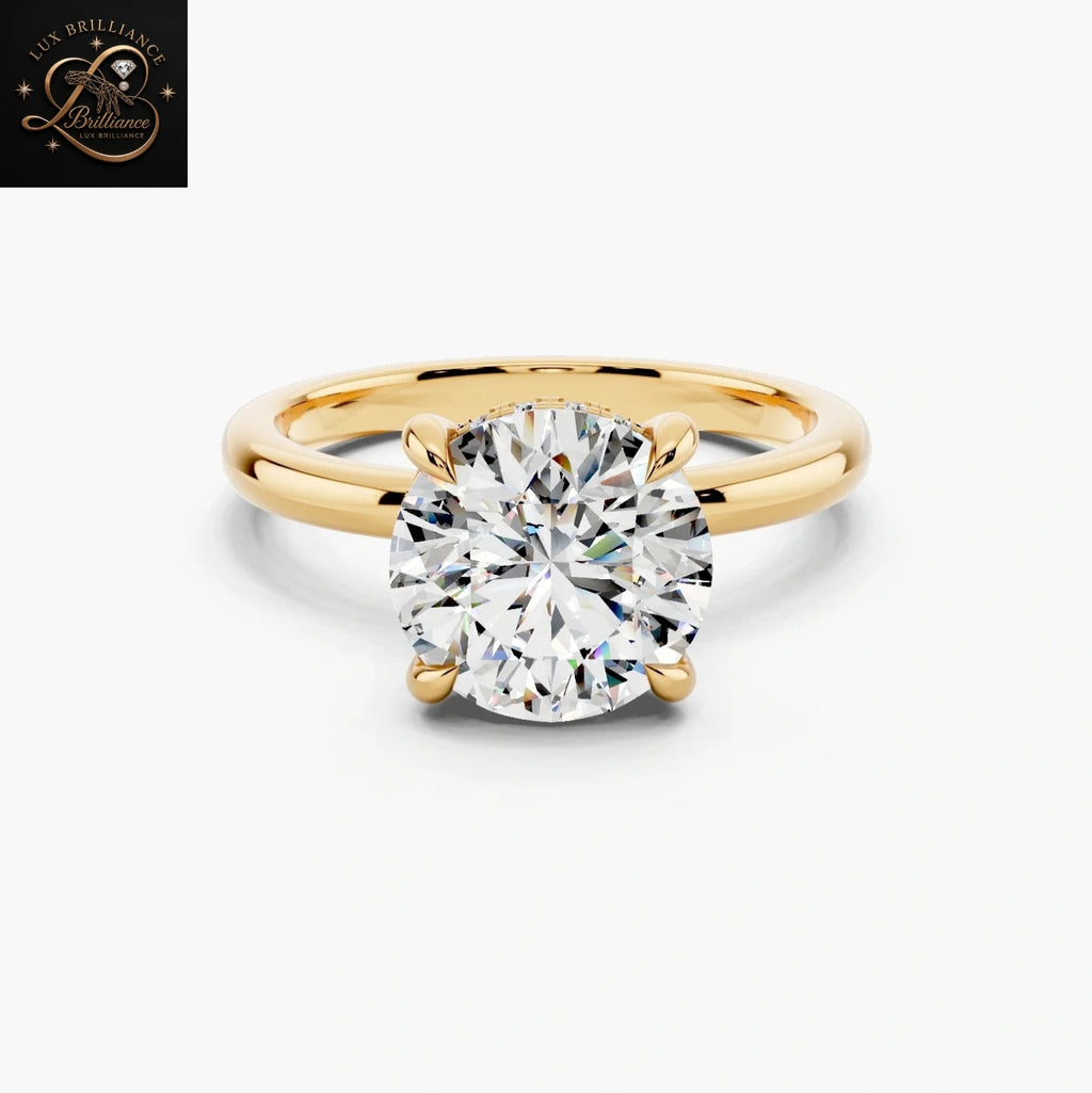 Round Cut Solitaire Engagement Ring with Hidden Halo |14K Yellow Gold Gift For Her