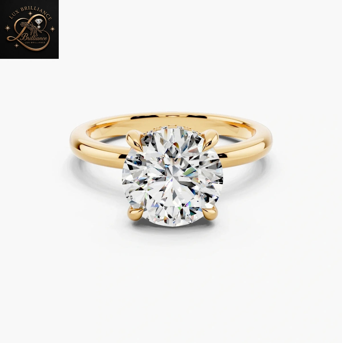 Round Cut Solitaire Engagement Ring with Hidden Halo |14K Yellow Gold Gift For Her
