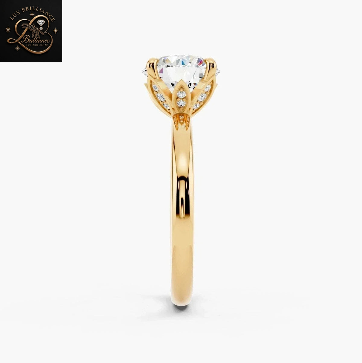 Round Brilliant Cut Diamond Solitaire Engagement Ring in Floral Petal Setting |18K Yellow Gold