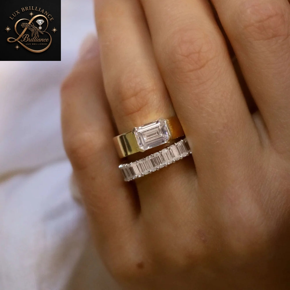 East-West Emerald Cut Diamond Bezel Ring | Yellow Gold Wedding Ring  | Gift for her