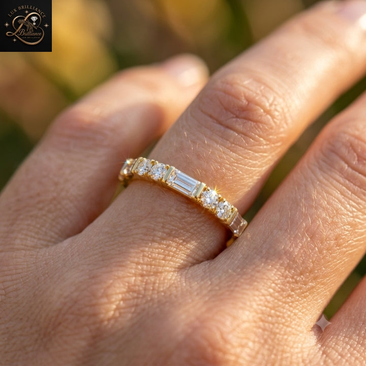 Alternating Round & Baguette Eternity Ring | Lab Diamond Statement 18K Yellow Gold Ring |Gift For Her