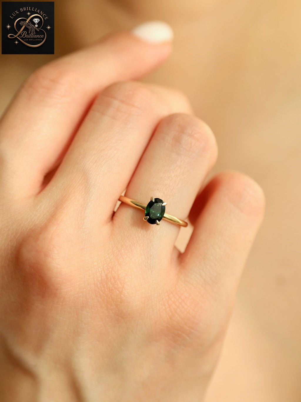 3Ct Oval Cut Deep Forest Green Sapphire Solitaire Ring | 14K Yellow Gold Ring