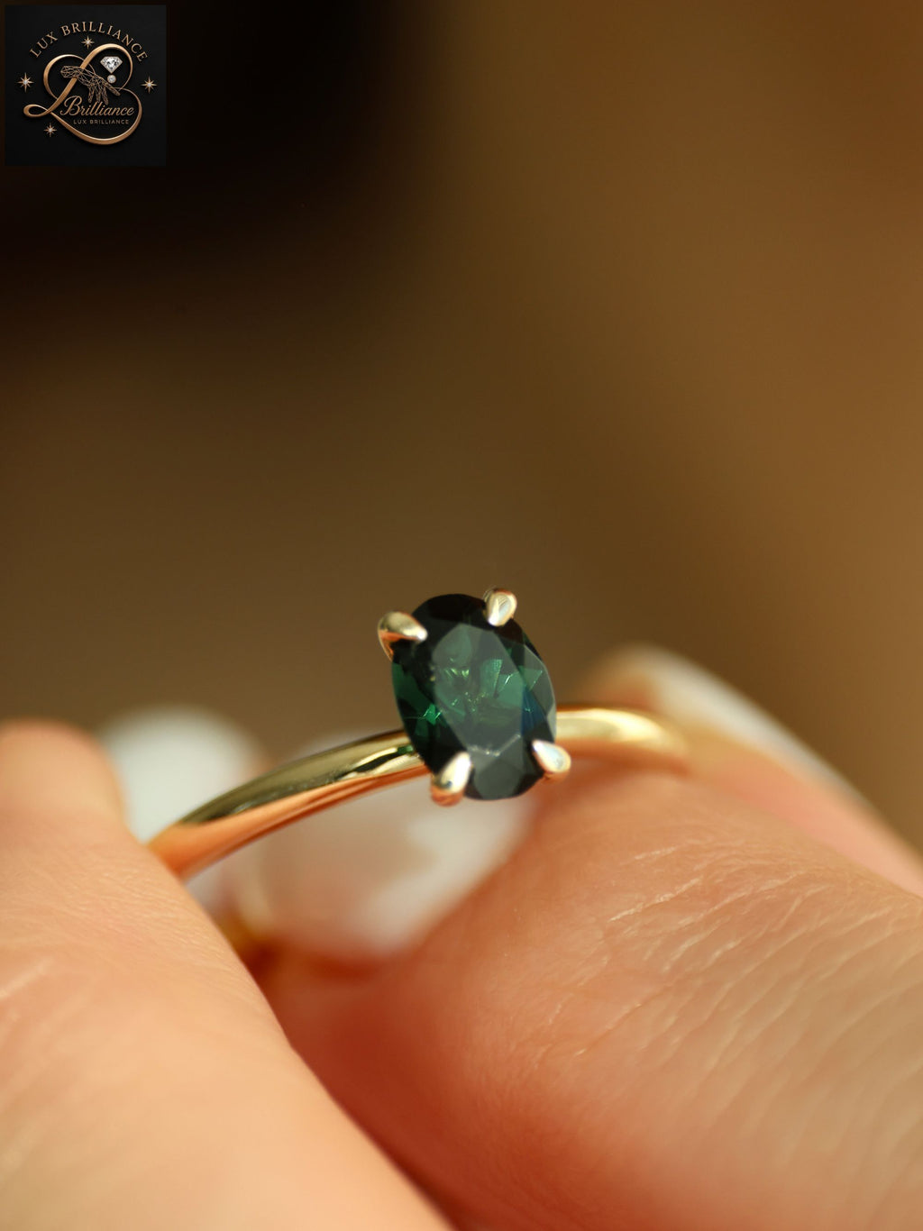 3Ct Oval Cut Deep Forest Green Sapphire Solitaire Ring | 14K Yellow Gold Ring
