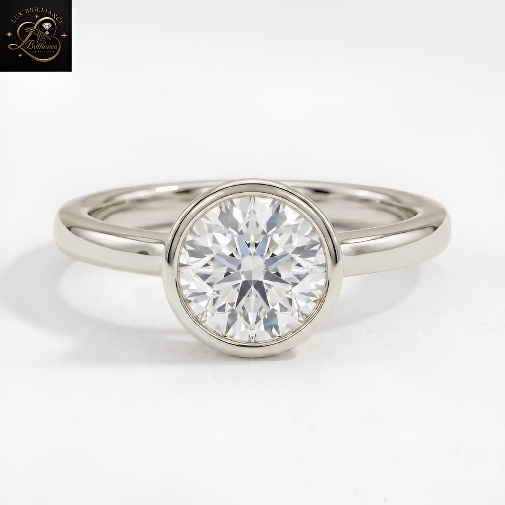 Round Cut Bezel Set Solitaire Engagement Ring | 18K White Gold Lab Ground Diamond Ring | Gift For Her