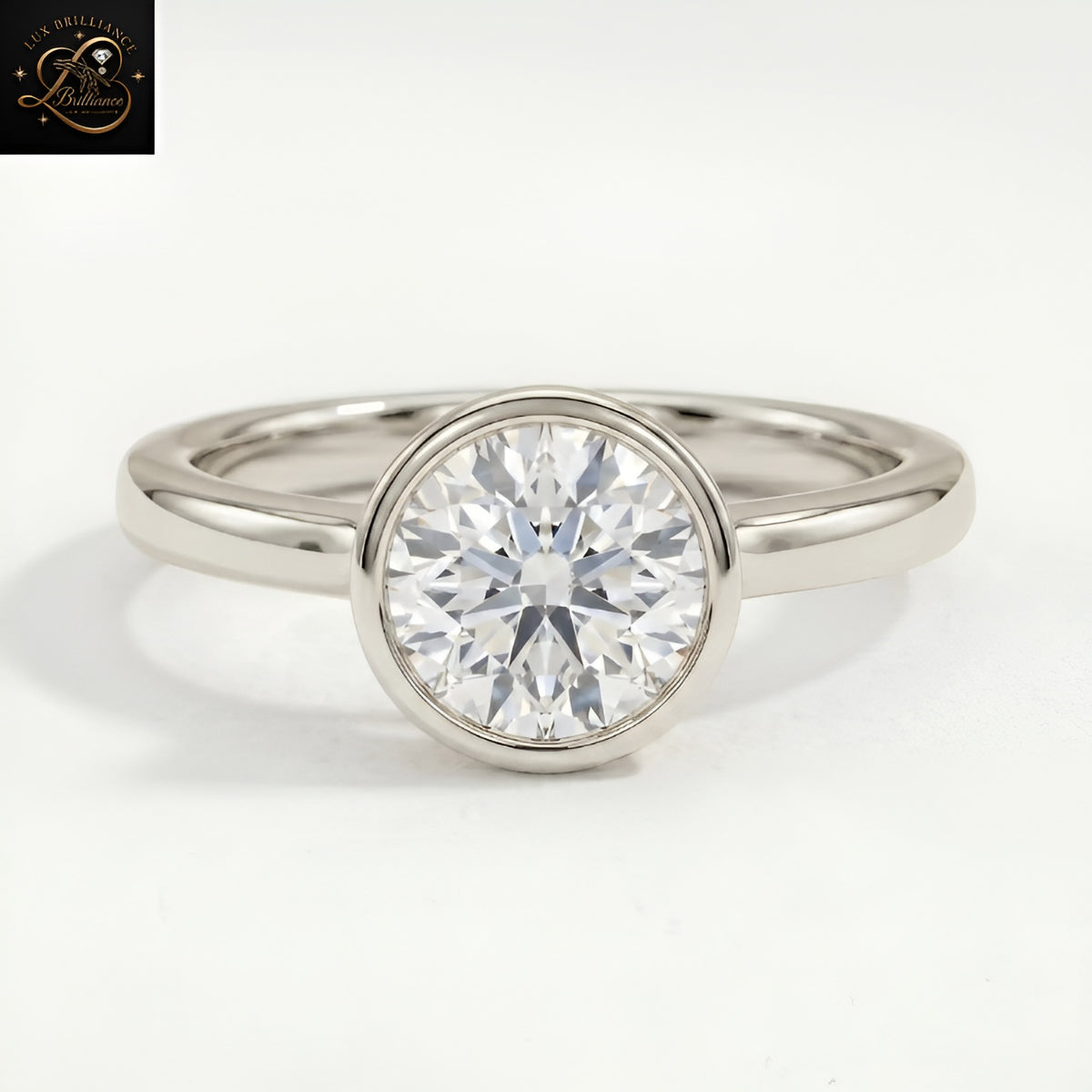 Round Cut Bezel Set Solitaire Engagement Ring | 18K White Gold Lab Ground Diamond Ring | Gift For Her