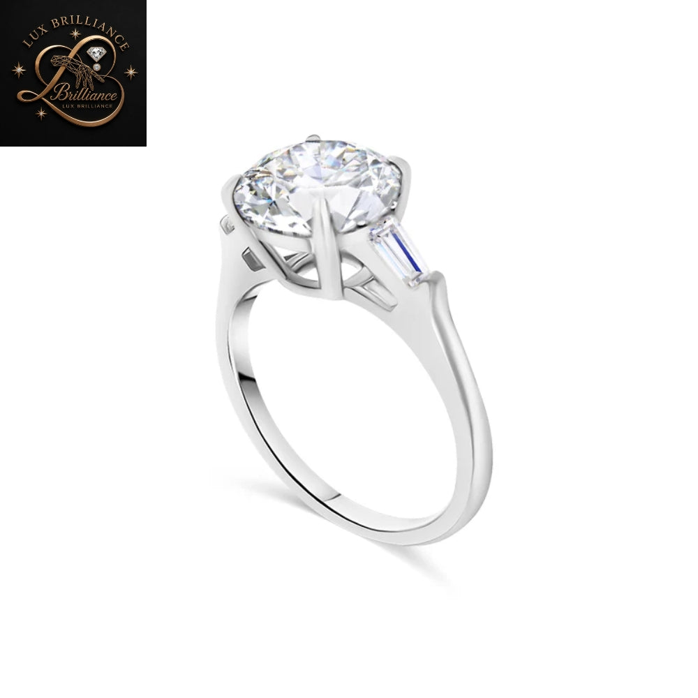 Round Brilliant Cut Diamond Engagement Ring | Tapered Baguette Side Stones | Anniversary Gift