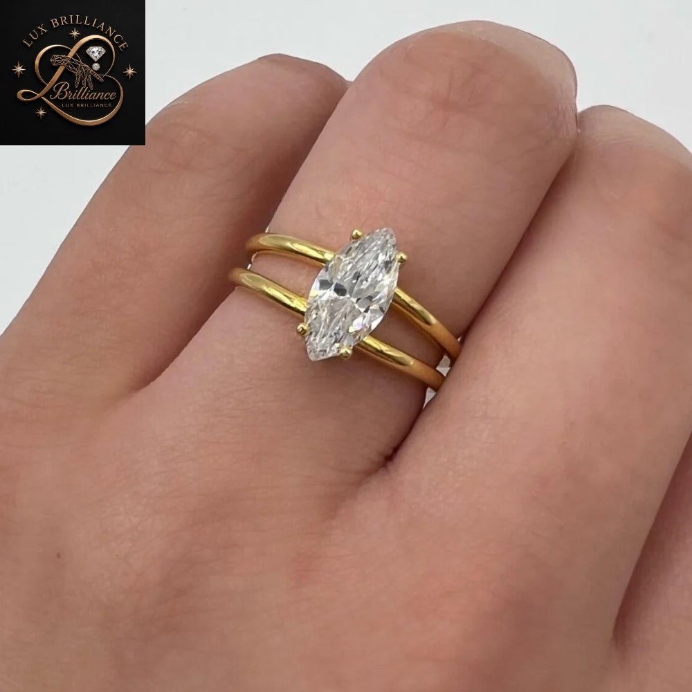 1.50 Ct Marquise Cut Diamond Engagement Ring | 14K Yellow Gold Double Band Solitaire Ring for Women