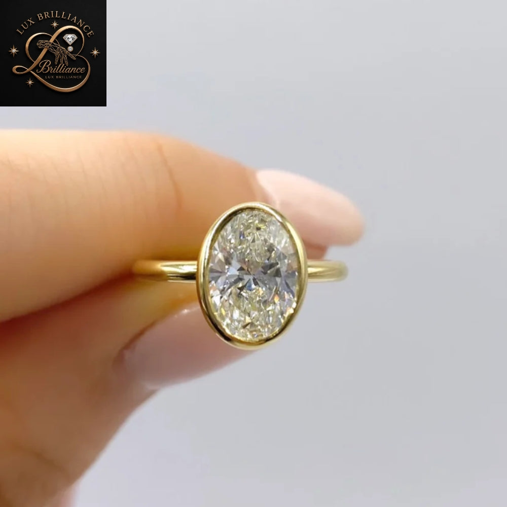 Oval Bezel Lab Diamond Engagement Ring | Modern Horizontal Full Bezel Set Gold Ring | Gift For Her