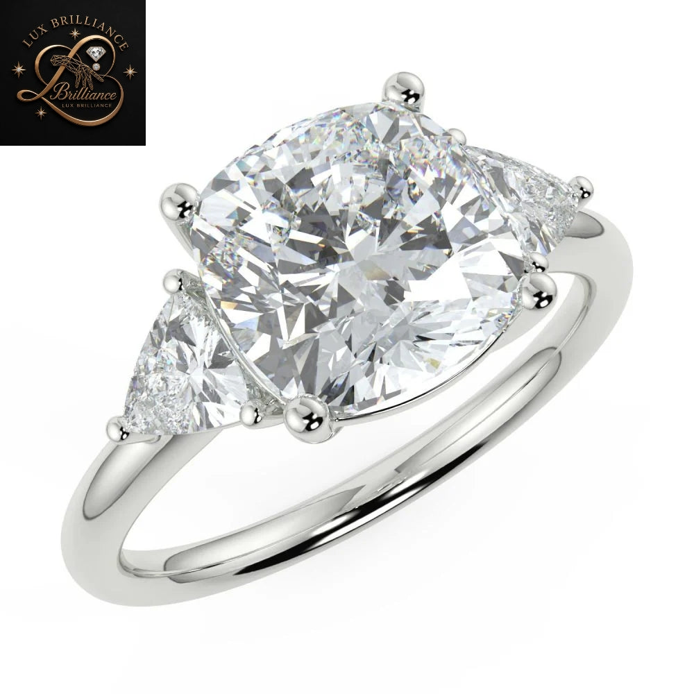 Cushion Cut Three Stone Diamond Engagement Ring |Trillion Side Stones timeless Ring | Gift For Ring