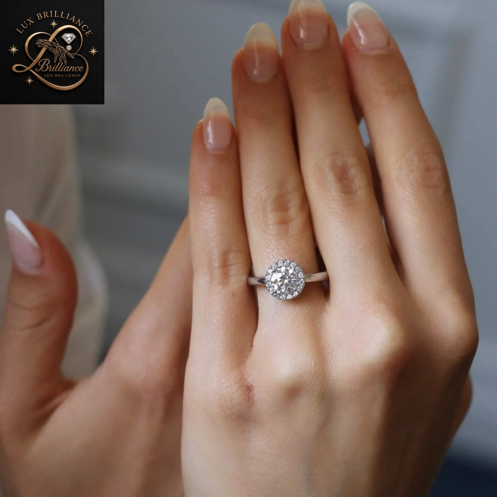 Round Cut Diamond Halo Engagement Ring | 18K White Gold Wedding Ring | Gift For Her