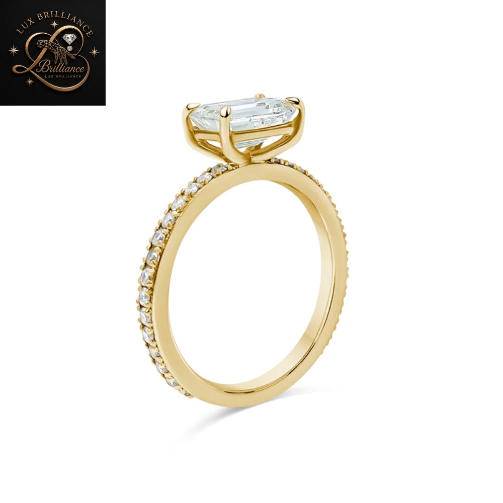 East West Emerald Cut Lab Diamond Engagement Ring | 14K Yellow Gold Pave Diamond Band | Solitaire Ring
