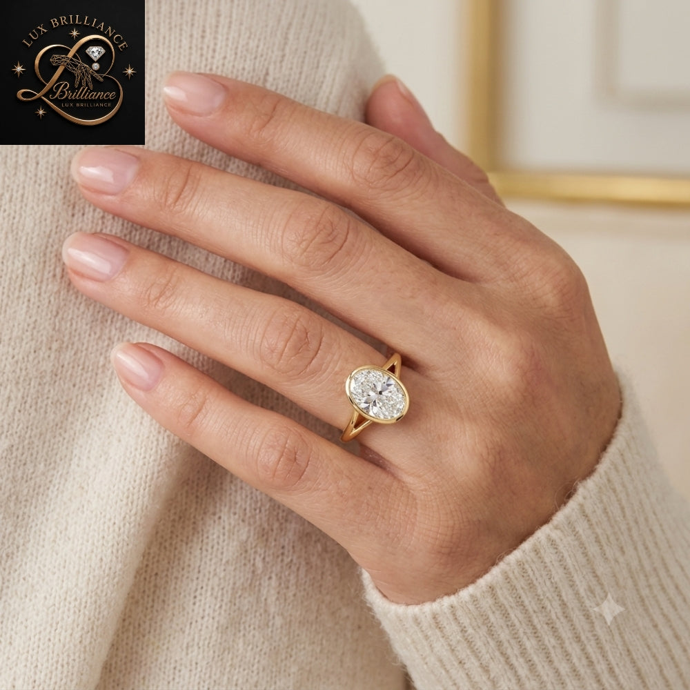 Bezel Set Oval Diamond Engagement Ring | Split Shank Yellow Gold Ring | Anniversary Ring For Gift