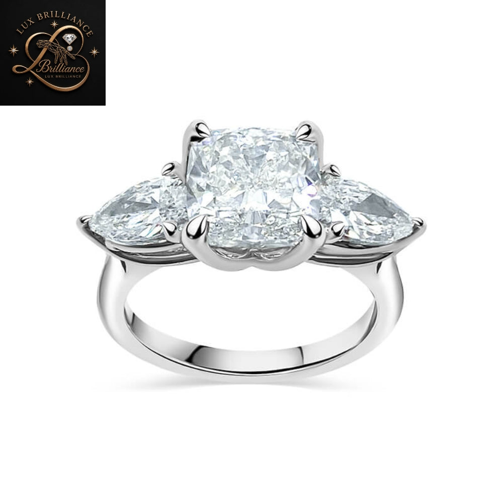 Cushion Cut Diamond Three Stone Engagement Ring with Pear Cut Side Stones| 18K White Gold  Ring