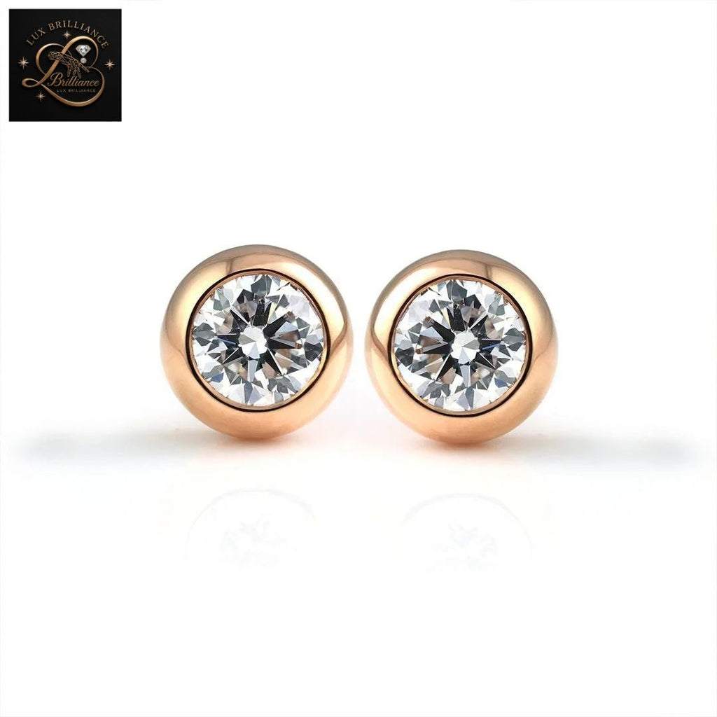 Bezel Set Round Diamond Solitaire Stud Earrings | 18K Rose Gold