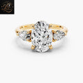 Oval  Diamond Three Stone Engagement Ring | Pear Side Stone 18k Yellow Gold Ring For Her