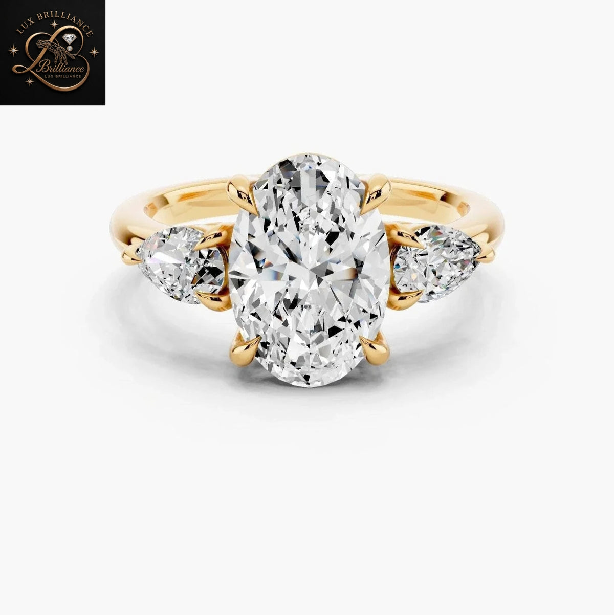 Oval  Diamond Three Stone Engagement Ring | Pear Side Stone 18k Yellow Gold Ring For Her