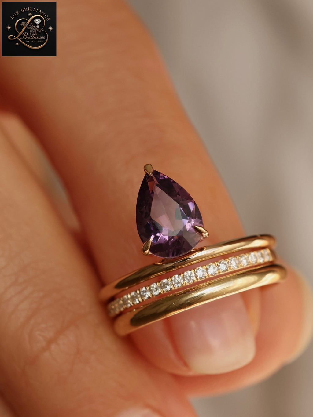Antique Pear Cut Purple Amethyst Solitaire Ring | February Birthstone Fine Ring