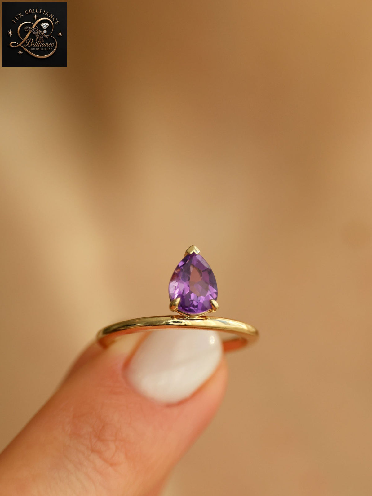 Antique Pear Cut Purple Amethyst Solitaire Ring | February Birthstone Fine Ring