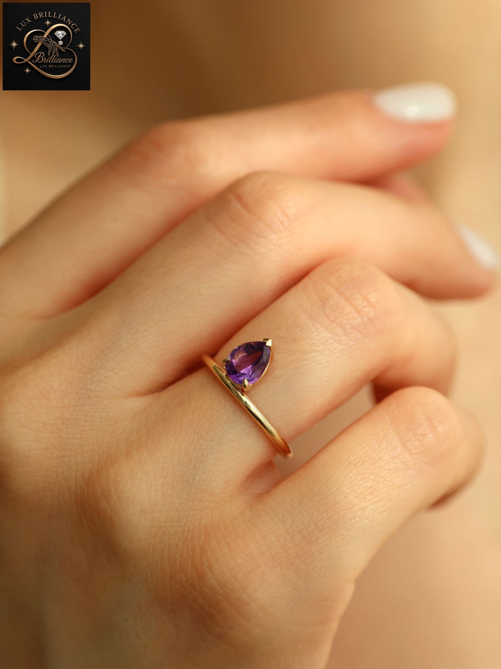 Antique Pear Cut Purple Amethyst Solitaire Ring | February Birthstone Fine Ring