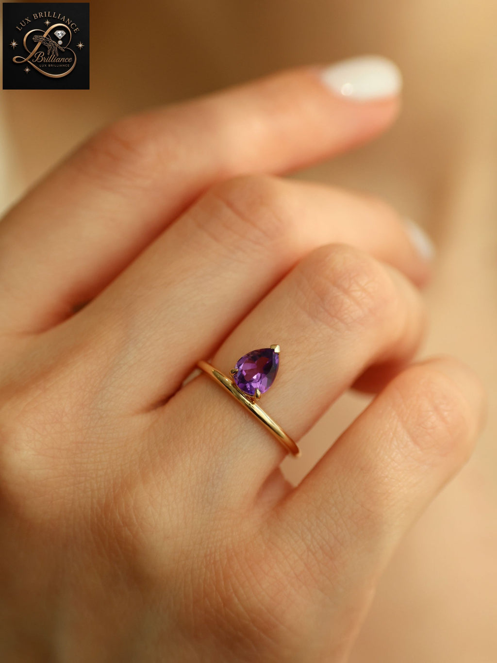 Antique Pear Cut Purple Amethyst Solitaire Ring | February Birthstone Fine Ring
