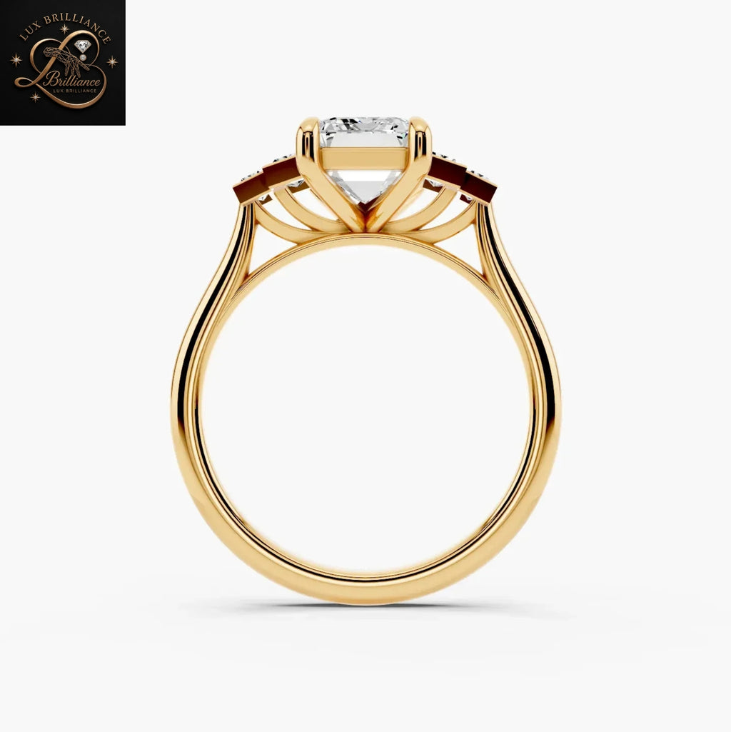 Unique  Emerald Cut Diamond Five -Stone Engagement Ring with Tapered Baguette Side Stones