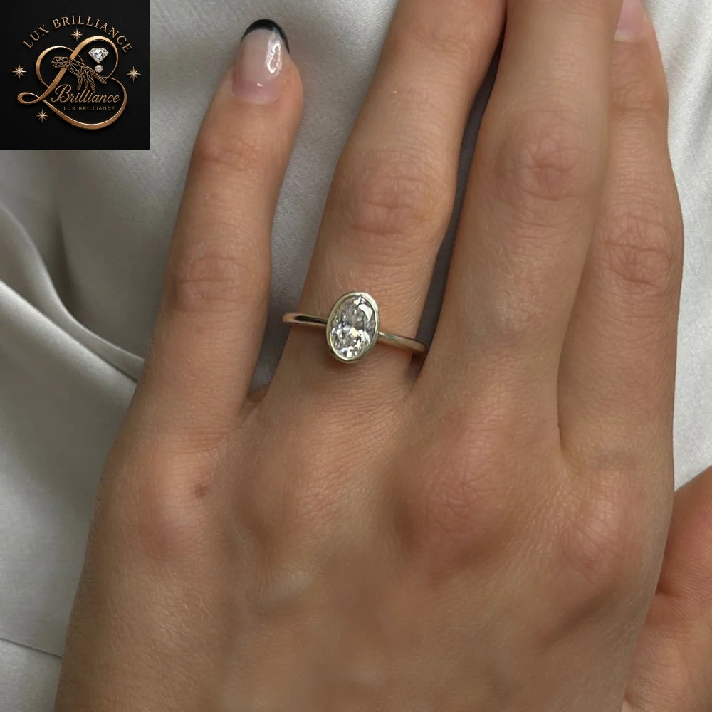 Oval Bezel Lab Diamond Engagement Ring | Modern Horizontal Full Bezel Set Gold Ring | Gift For Her