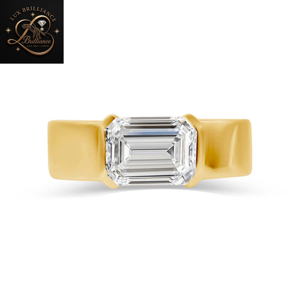 East-West Emerald Cut Diamond Bezel Ring | Yellow Gold Wedding Ring  | Gift for her