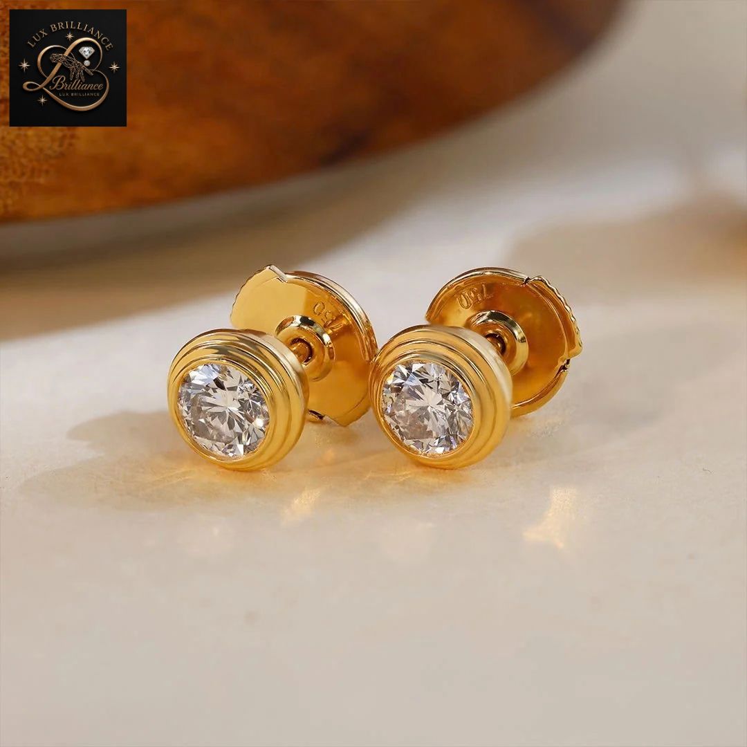 Bezel Set Round Diamond Solitaire Studs | 14K Solid Gold Screw Back Earrings (Copy)