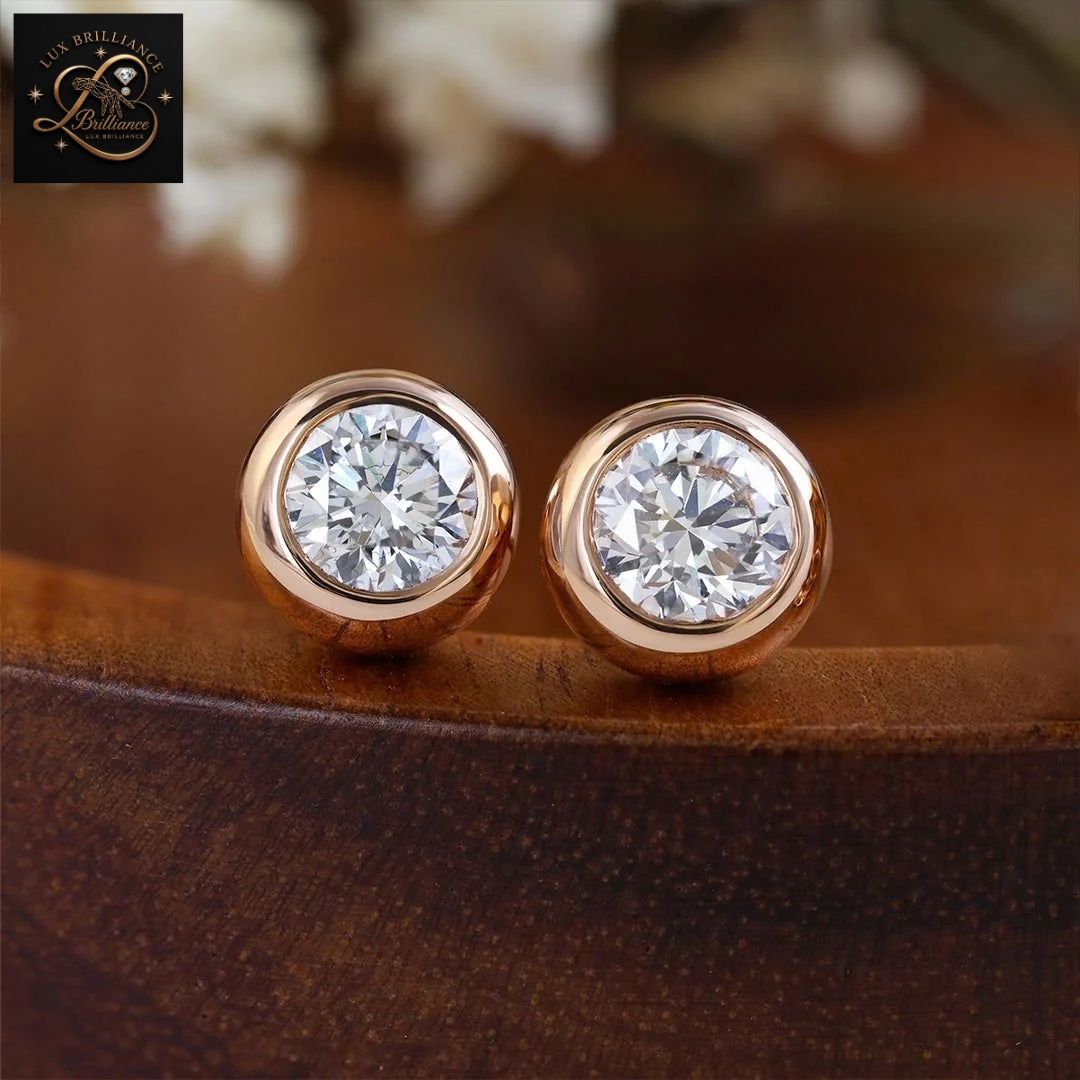 Bezel Set Round Diamond Solitaire Stud Earrings | 18K Rose Gold