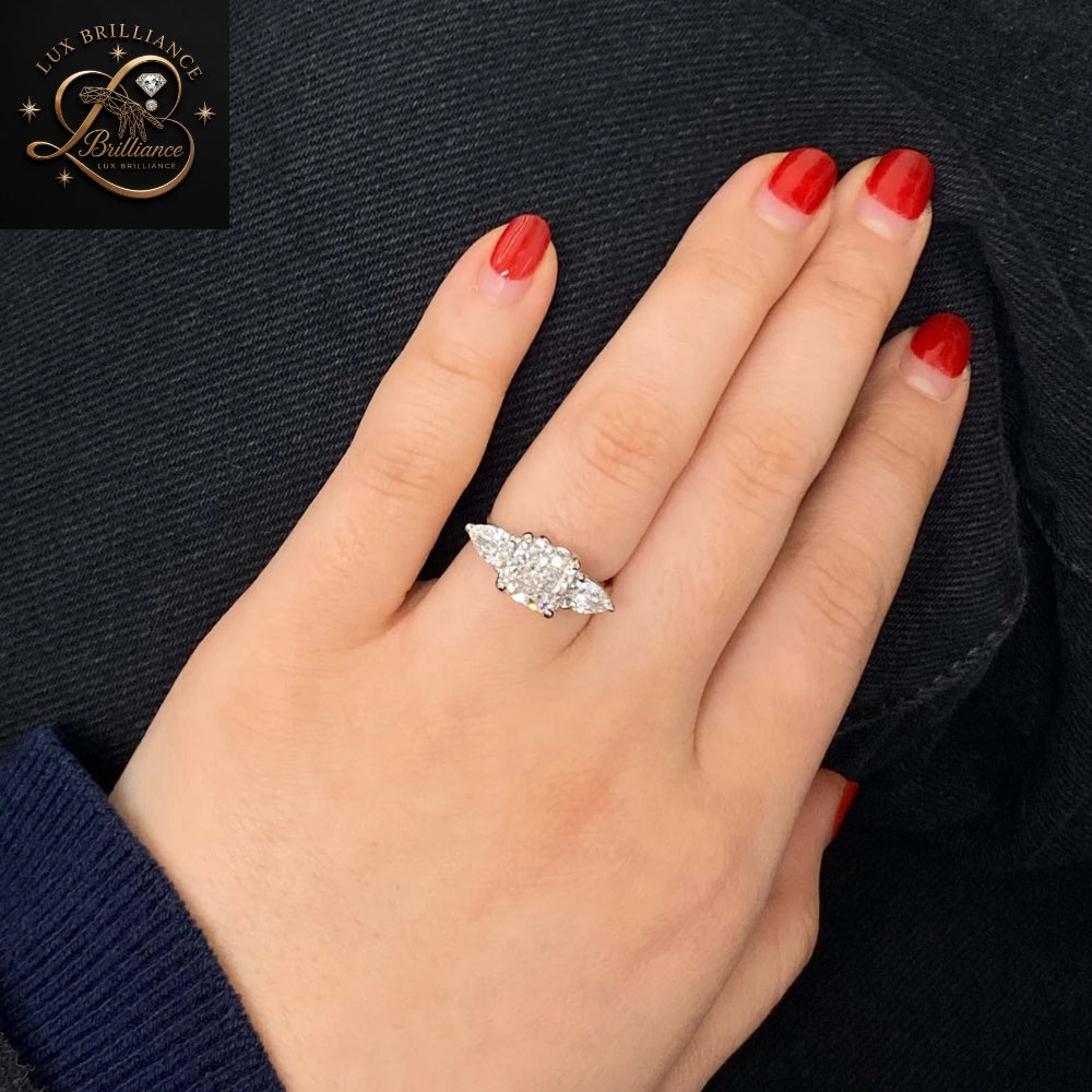 Cushion Cut Diamond Three Stone Engagement Ring with Pear Cut Side Stones| 18K White Gold  Ring