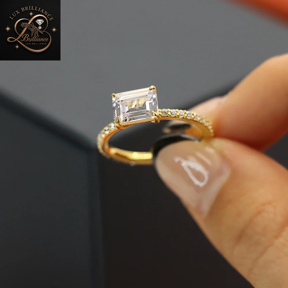 East West Emerald Cut Lab Diamond Engagement Ring | 14K Yellow Gold Pave Diamond Band | Solitaire Ring