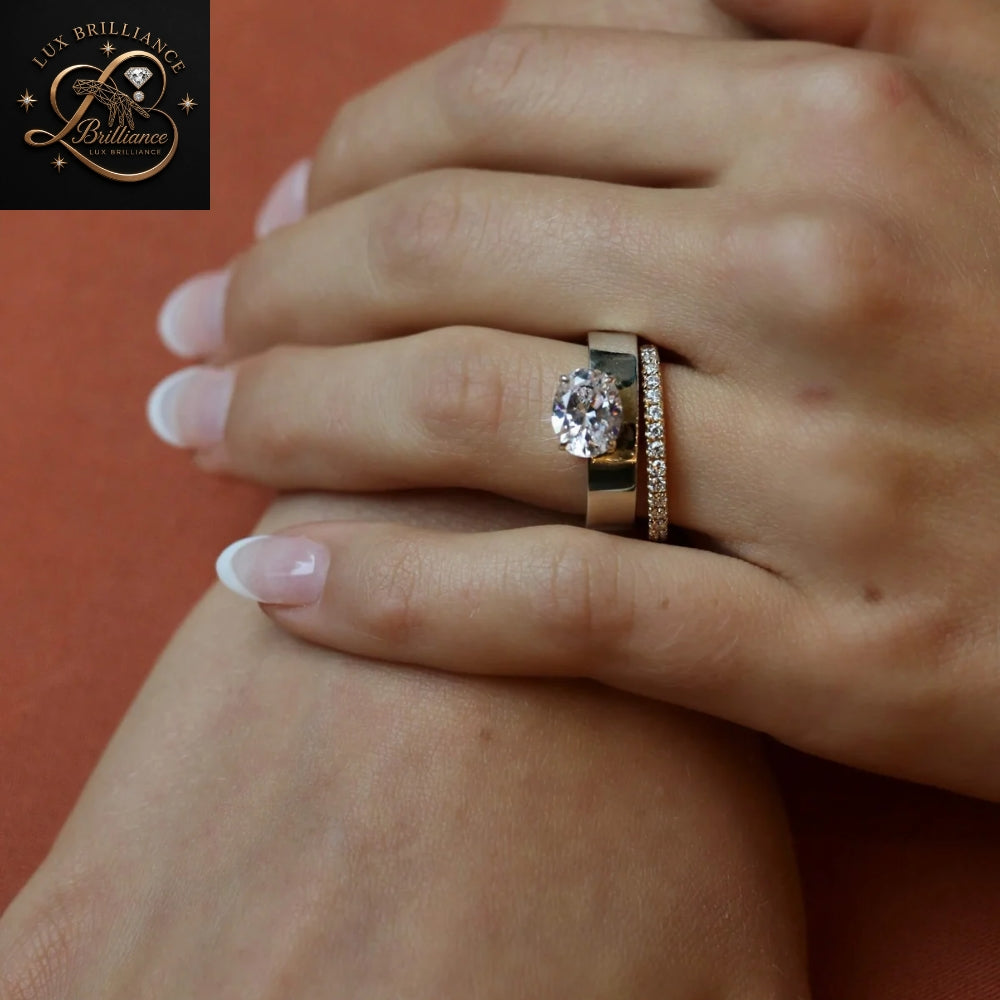 East-West Oval Cut Diamond  Engagement Ring / Yellow Gold Wide Band Ring / gift for her