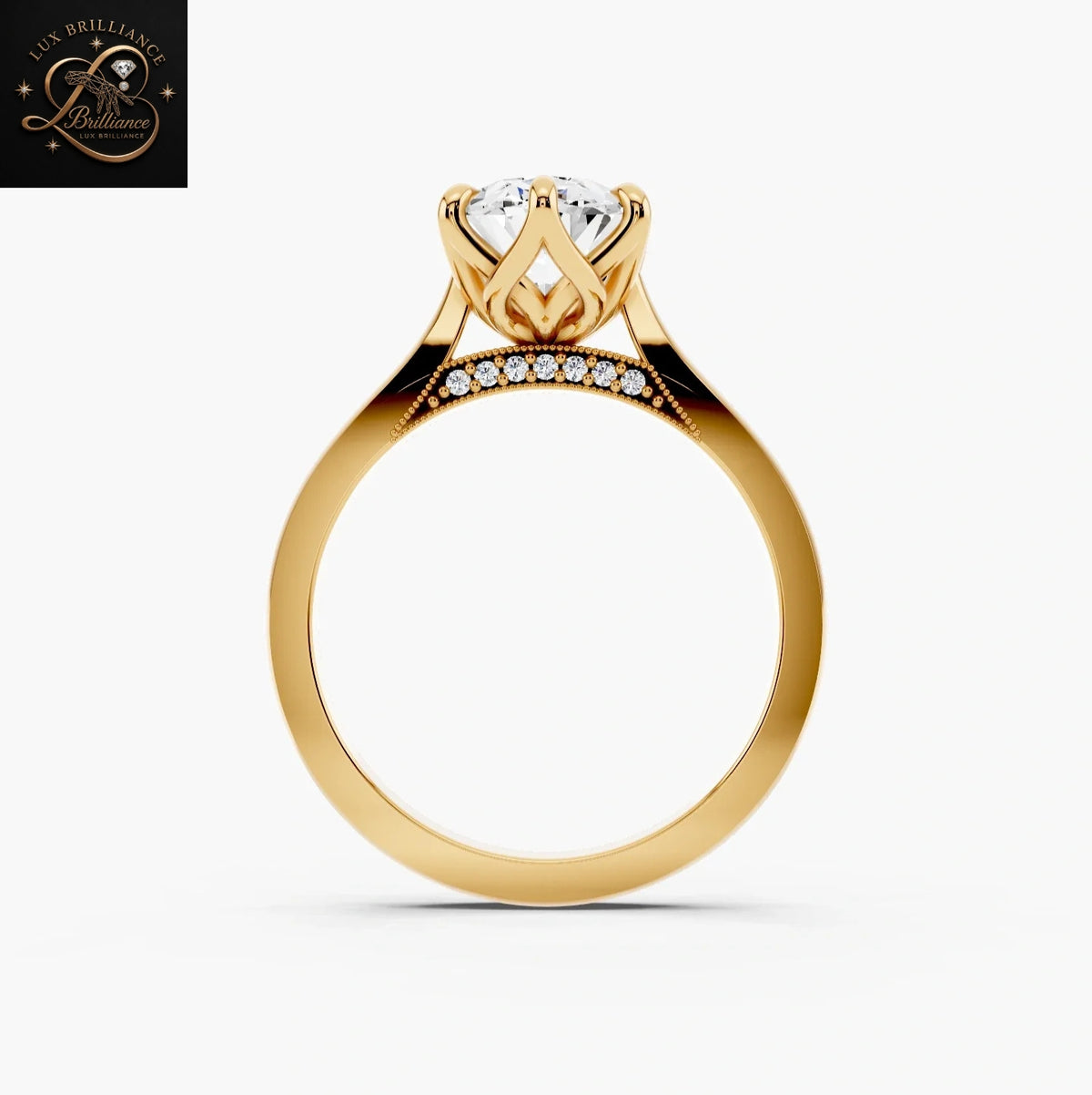 Oval Cut Solitaire Engagement Ring | Tulip Petal Basket and Pave Diamond Bridal Ring