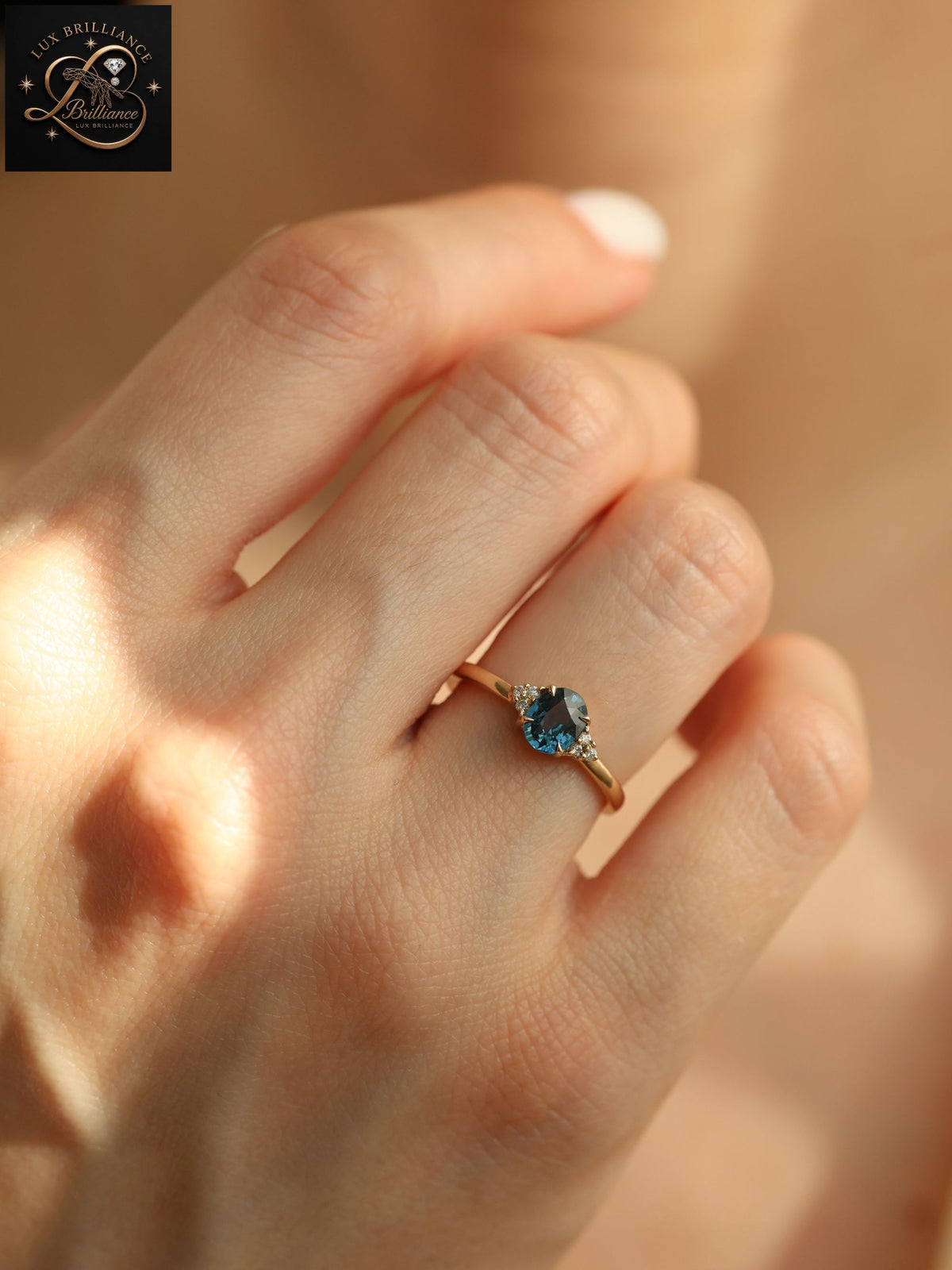 Oval Cut Ocean Blue Sapphire Engagement Ring | 14K Yellow Gold Cluster Band Vintage Inspired Ring