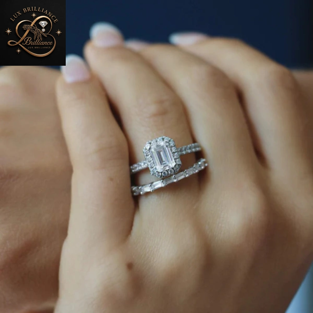 Emerald Cut Diamond Engagement Ring | Halo Solitaire White Gold Ring | Engagement Ring
