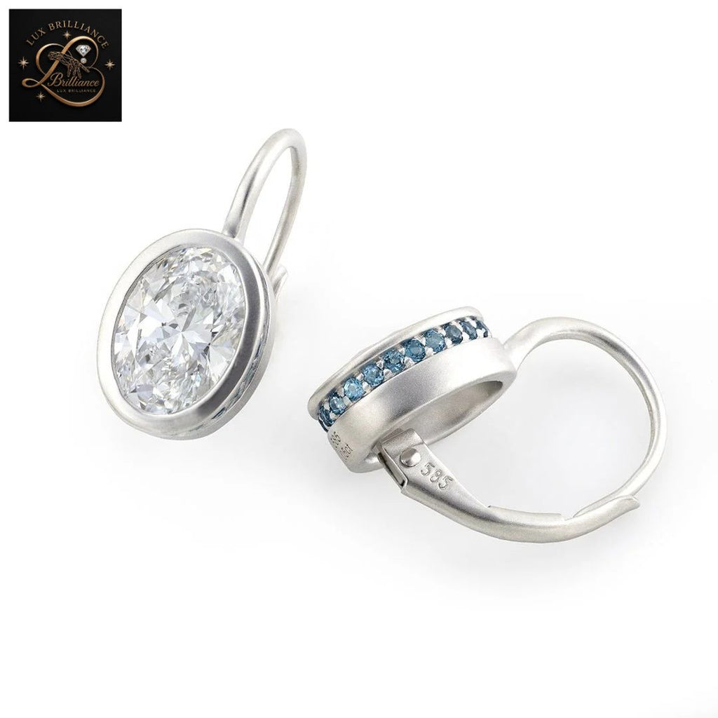 14K White Gold Bezel Oval Diamond Solitaire Earrings | Lever back Dangle