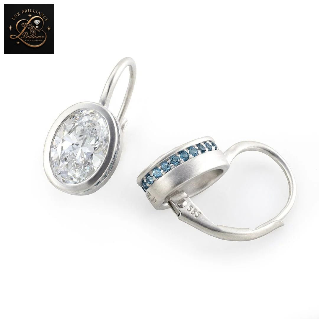 14K White Gold Bezel Oval Diamond Solitaire Earrings | Lever back Dangle
