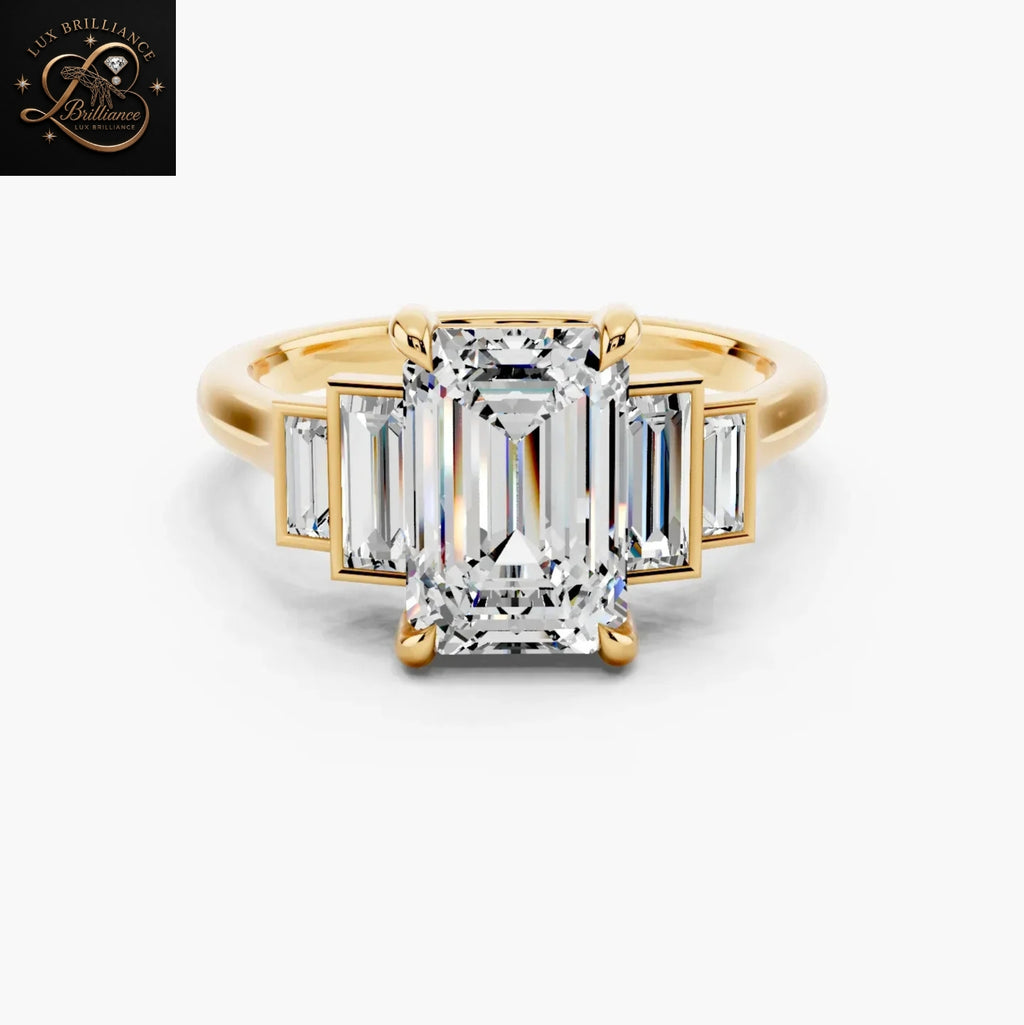 Unique  Emerald Cut Diamond Five -Stone Engagement Ring with Tapered Baguette Side Stones