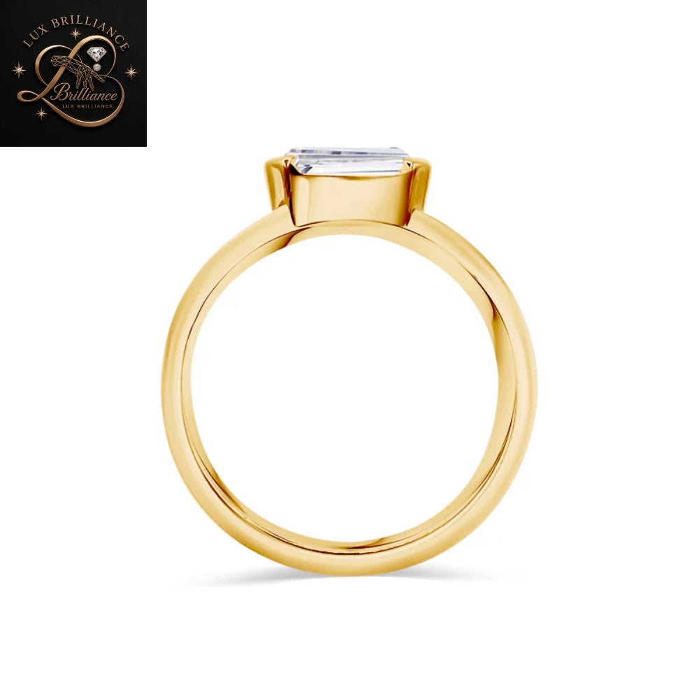 East-West Emerald Cut Diamond Bezel Ring | Yellow Gold Wedding Ring  | Gift for her