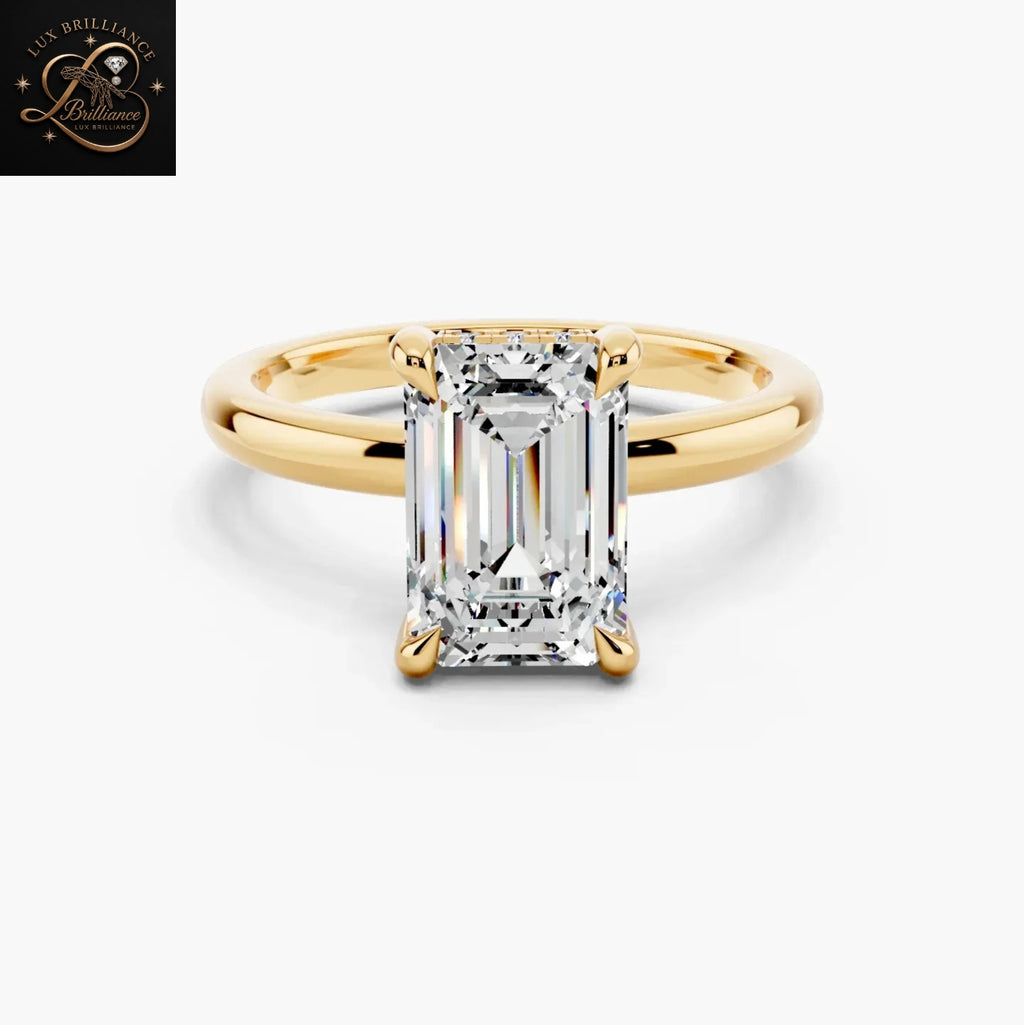 Simple Emerald Diamond Engagement Ring | Hidden Halo Solitaire Yellow Gold Ring