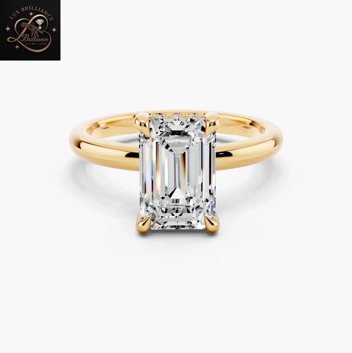 Simple Emerald Diamond Engagement Ring | Hidden Halo Solitaire Yellow Gold Ring