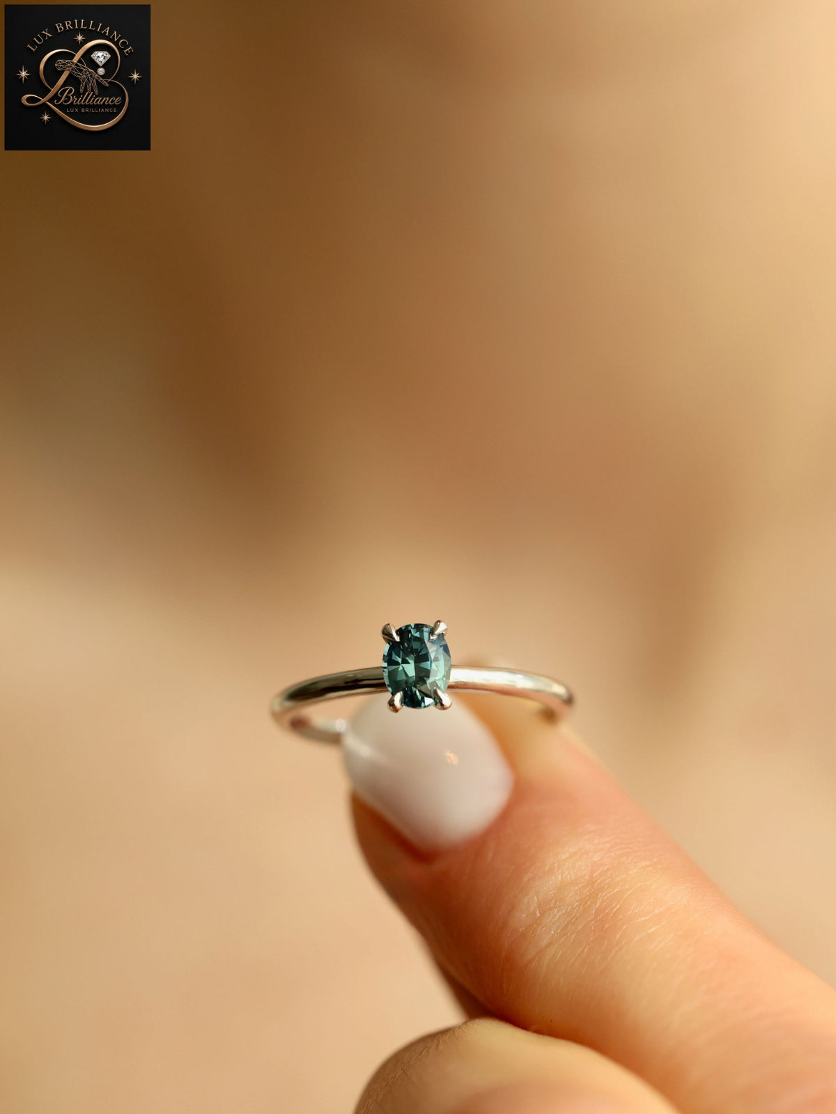 Oval Cut Ocean Teal Sapphire Solitaire Ring | White Gold Minimalist Engagement Ring