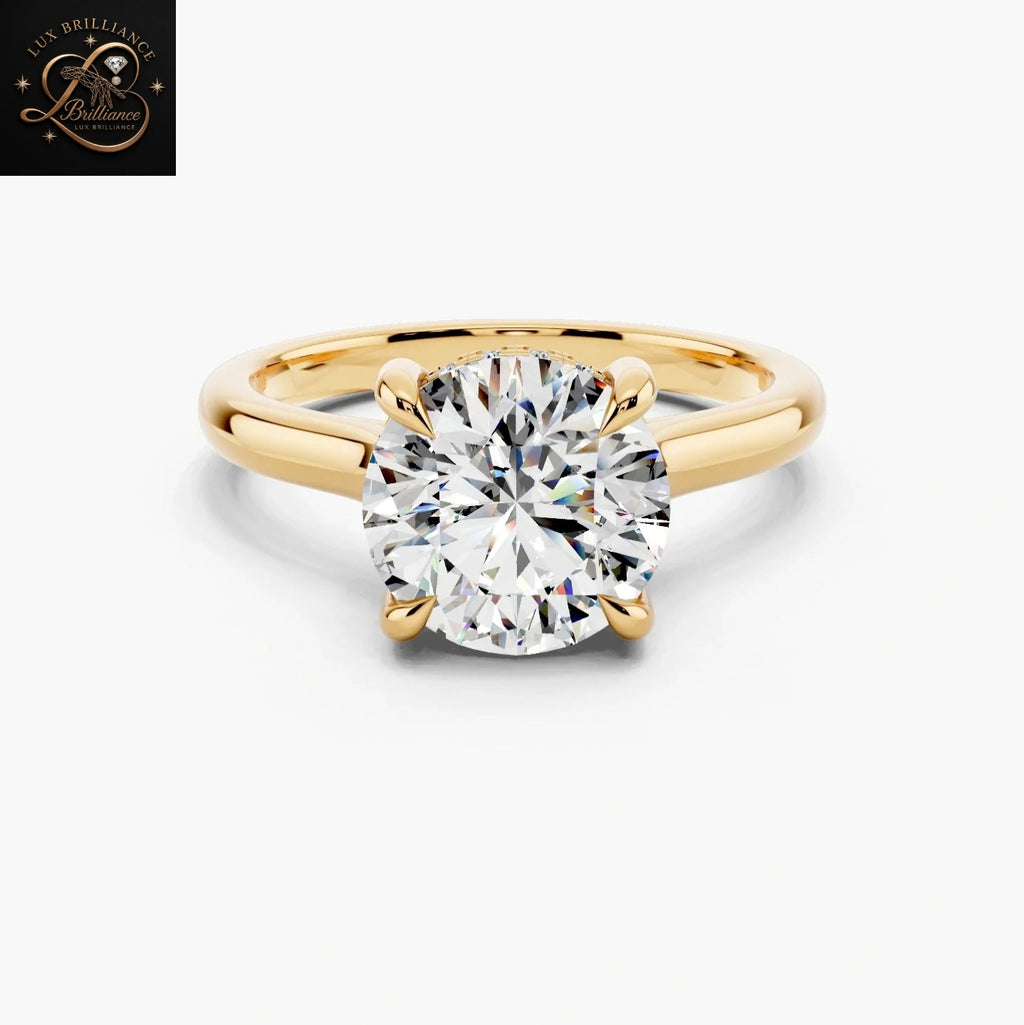 Round Cut Solitaire Anniversary Ring with Hidden Halo| 14K Yellow Gold Bridal Ring