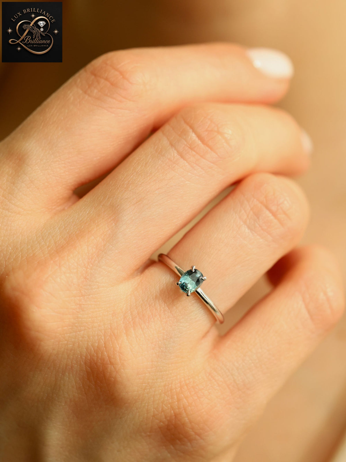 Oval Cut Ocean Teal Sapphire Solitaire Ring | White Gold Minimalist Engagement Ring