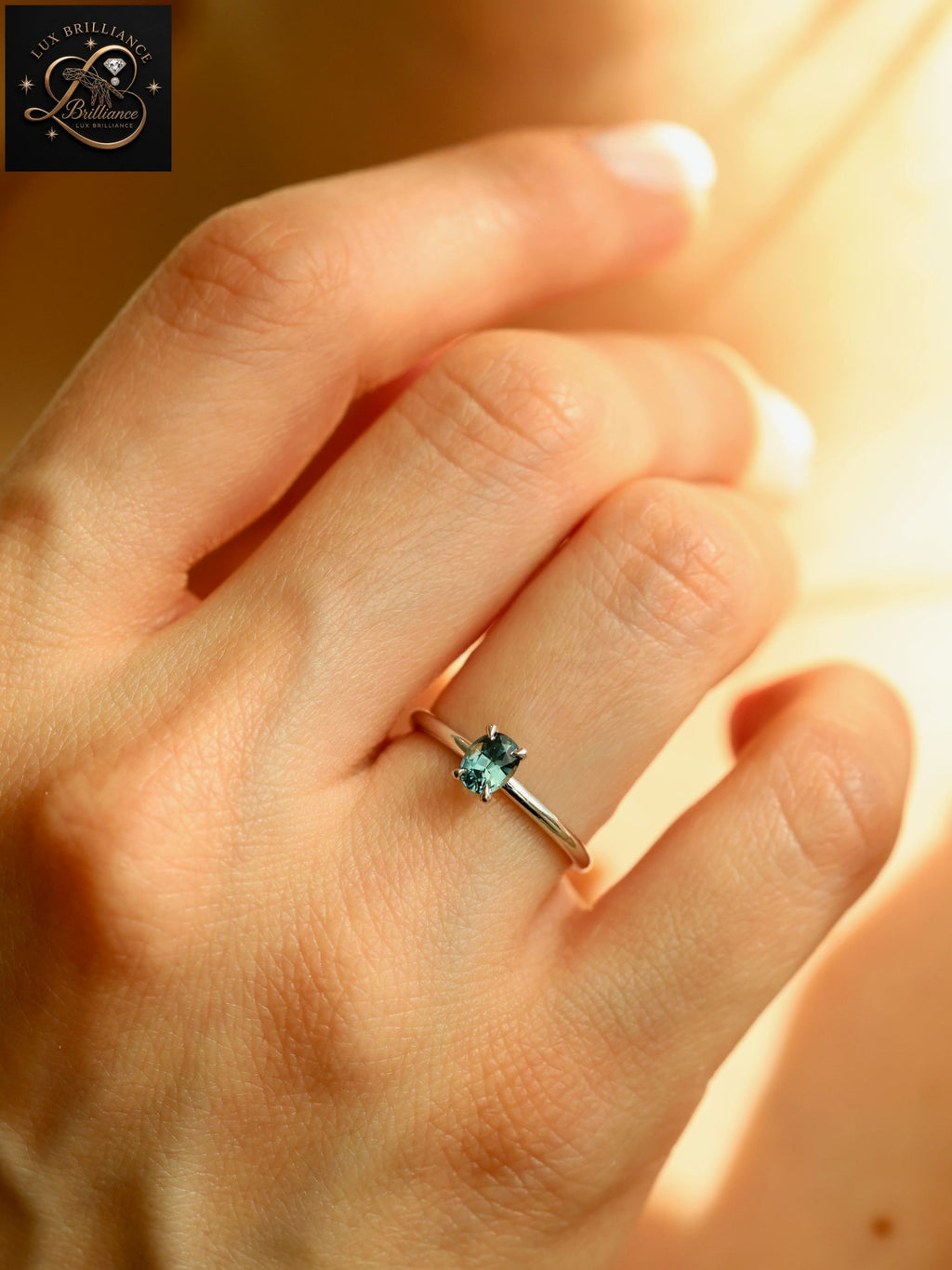 Oval Cut Ocean Teal Sapphire Solitaire Ring | White Gold Minimalist Engagement Ring