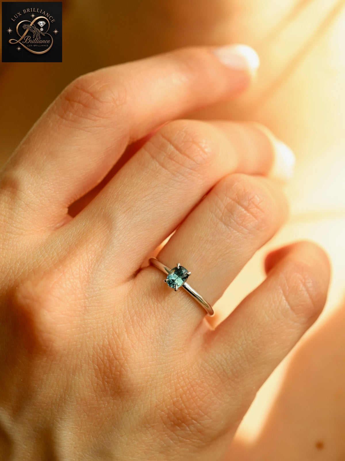 Oval Cut Ocean Teal Sapphire Solitaire Ring | White Gold Minimalist Engagement Ring