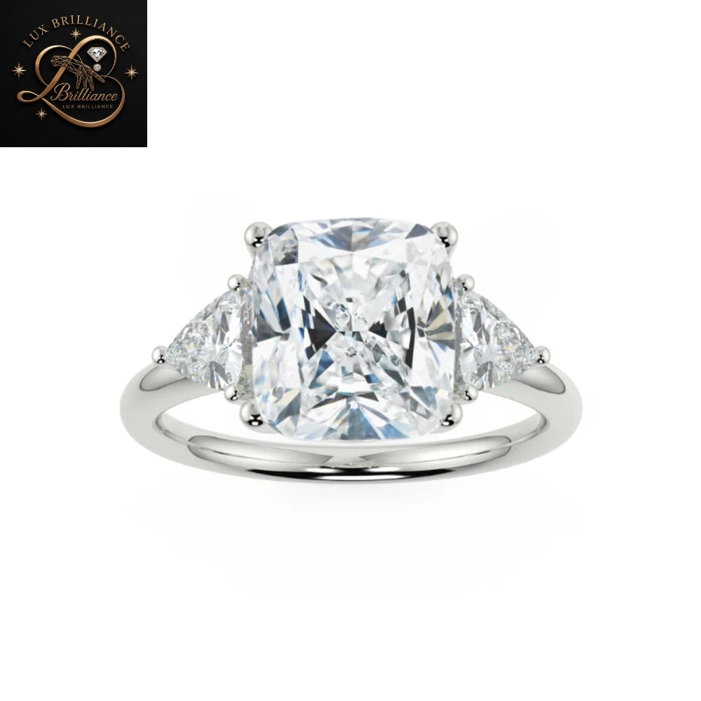 Cushion Cut Three Stone Diamond Engagement Ring |Trillion Side Stones timeless Ring | Gift For Ring