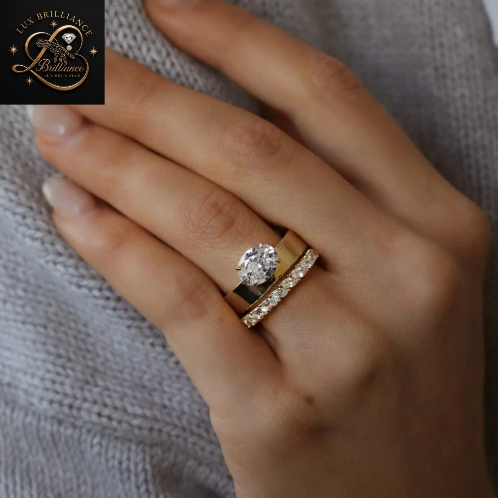 East-West Oval Cut Diamond  Engagement Ring / Yellow Gold Wide Band Ring / gift for her