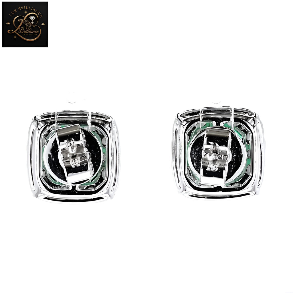 Emerald Cut Green Lab-Grown Diamond Earrings | 14K White Gold Halo-Solitaire Stud Earrings